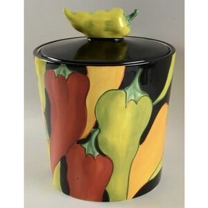 Vintage Hand Painted Clay Art Calliente Chili Pepper Large Canister Colors